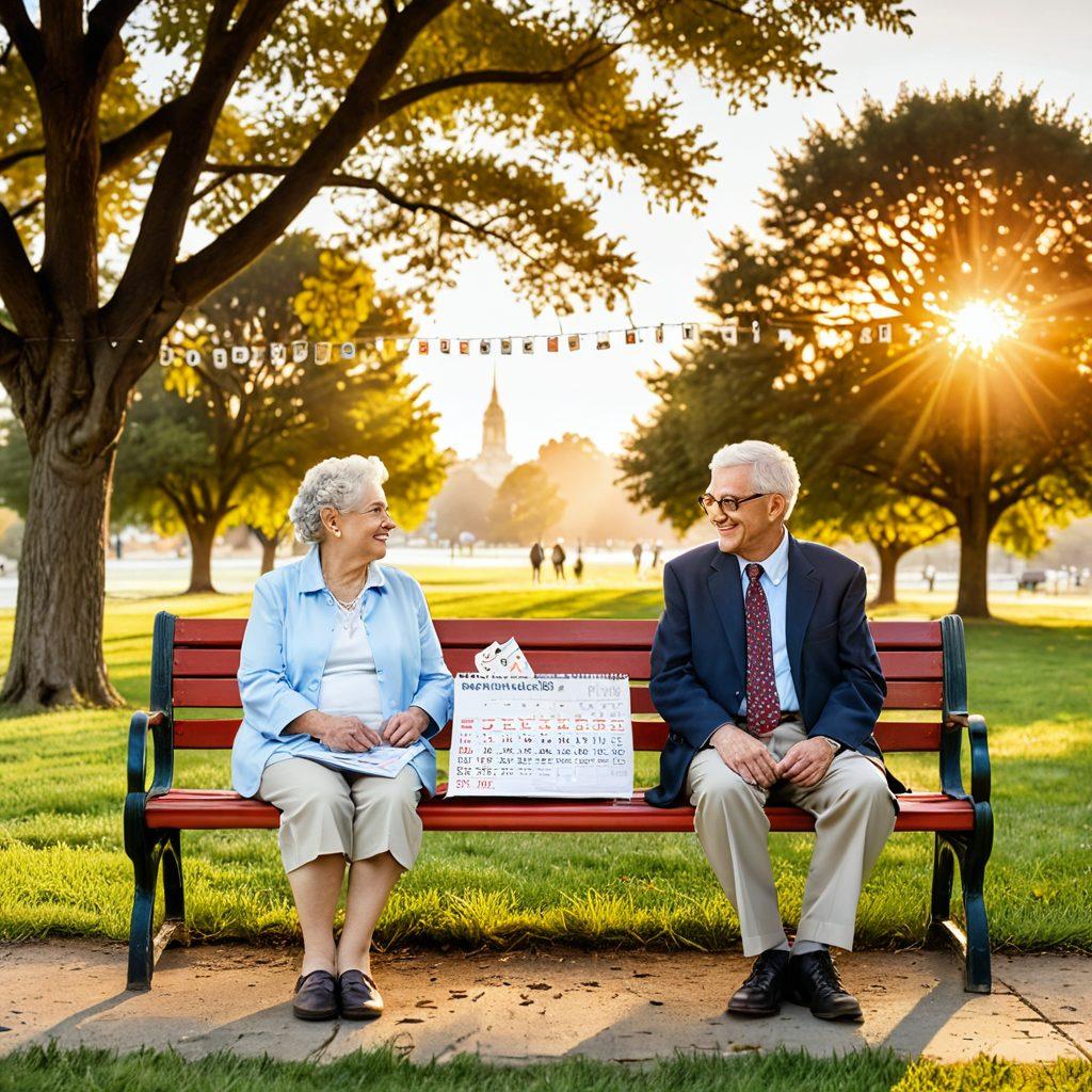 A peaceful elderly couple sits on a park bench, with a scenic sunrise reflecting a hopeful future. Around them are subtle icons of financial planning, healthcare, travel, and a calendar. Infuse a sense of contentment and readiness. super-realistic. vibrant colors. white background.