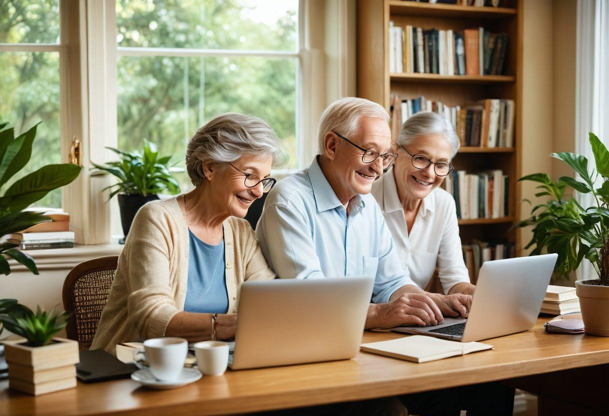 A serene, sunlit elderly couple sitting at a cozy desk, browsing a computer with joyful expressions, surrounded by books, plants, and a cup of tea. The computer screen displays various icons of popular web resources tailored for retirees. Light golden hues fill the room, symbolizing the 'golden years'. realistic. vibrant colors. warm, inviting atmosphere.
