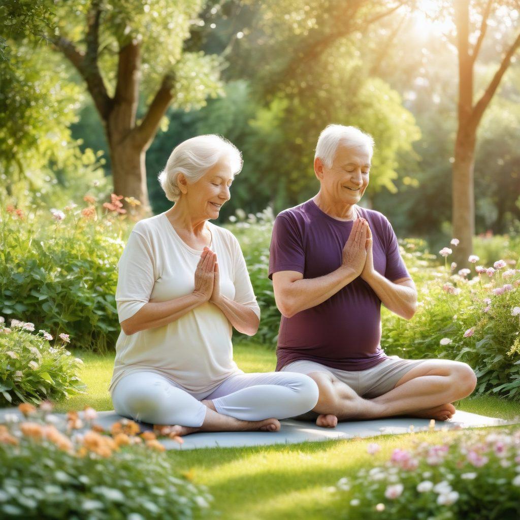 An elderly couple enjoying a sunny day in a beautiful park, surrounded by blooming flowers, gentle pathways, and lush greenery. One grandparent cheerfully using a tablet, showcasing modern connectivity. The other grandparent is actively engaging in a light physical activity like yoga or stretching. The scene exudes warmth, happiness, and a sense of vitality. super-realistic. vibrant colors. serene atmosphere.